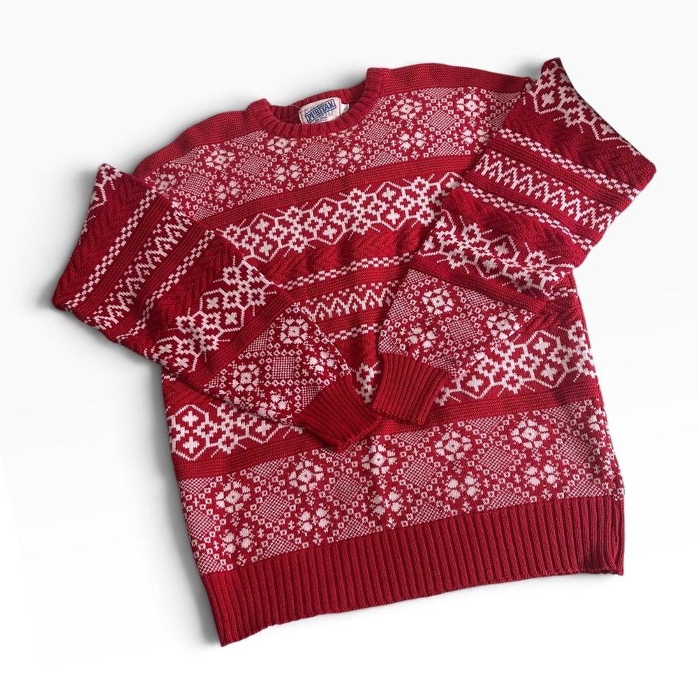 Vintage Puritan Red White Fair Isle Snowflake Cotton Sweater Made in USA Large